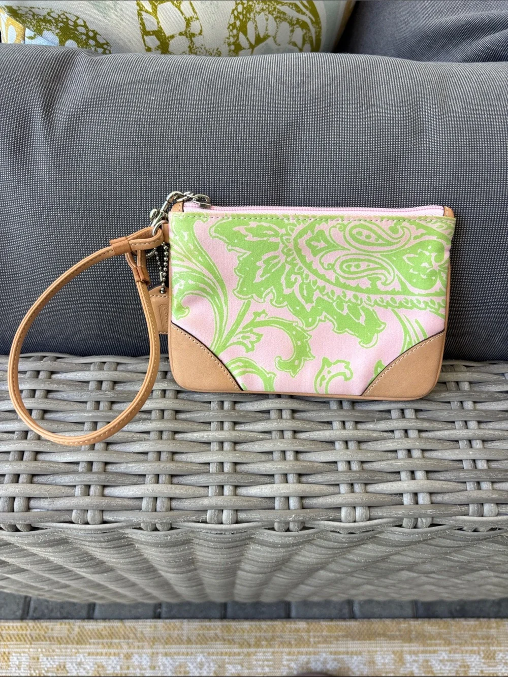 Coach Pink and Green Paisley Wristlet with Tan Trim